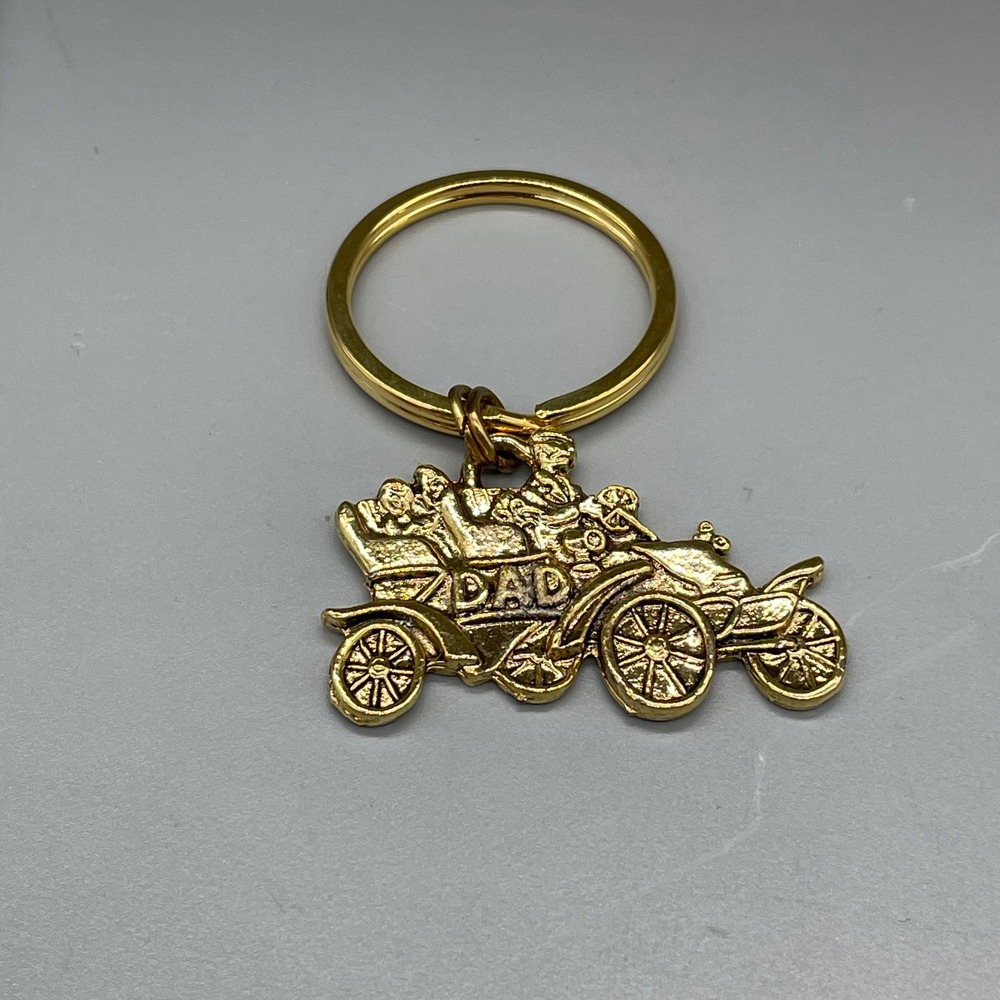 Vintage Gold Tone Dad Antique Car Keychain Retro Horseless Carriage Key Ring